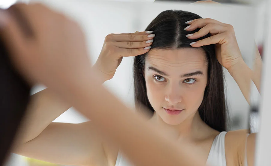 Woman looking at her hairline in the mirror