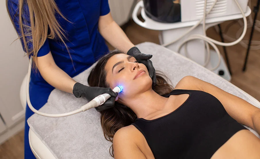 Woman getting laser treatments to her cheeks